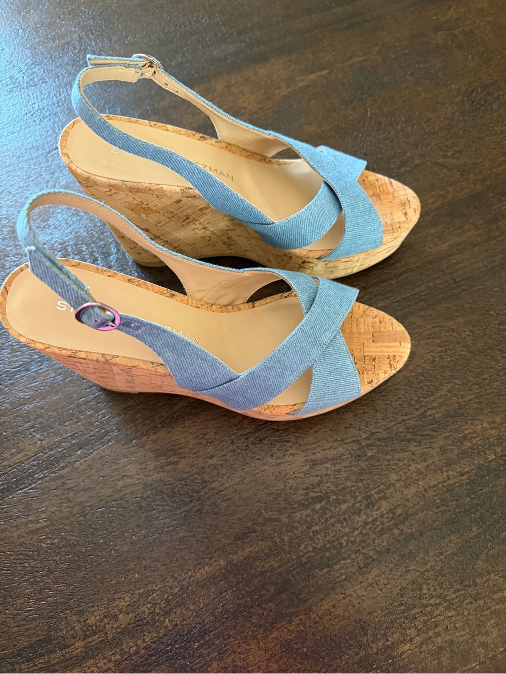 Stuart Weitzman Light Blue Cork Wedge Slingback Sandals